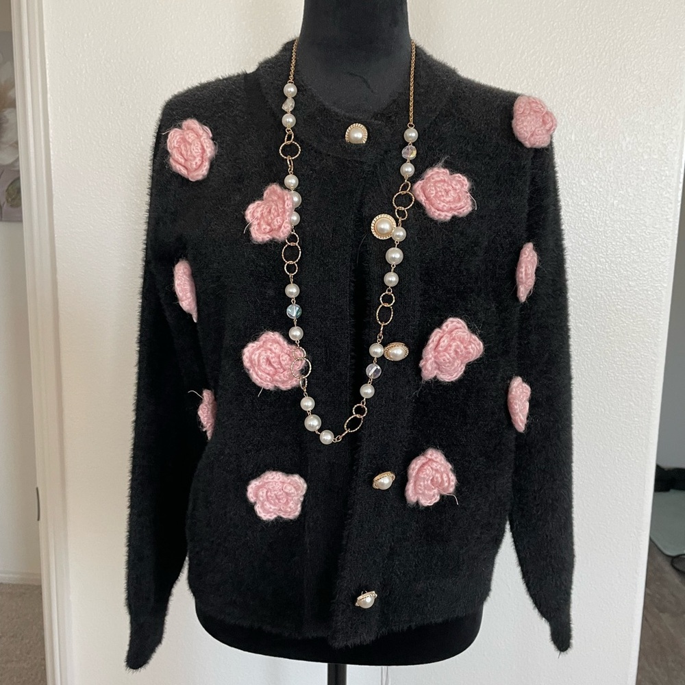 Black Cardigan with Pink Floral Accents